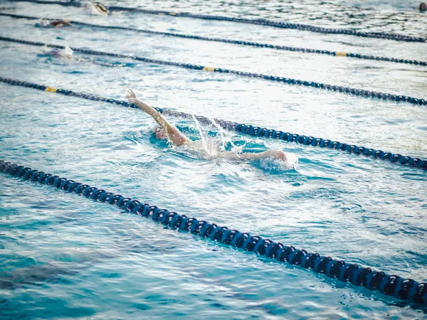 Nageur en crawl pendant une séance d’entraînement en piscine.