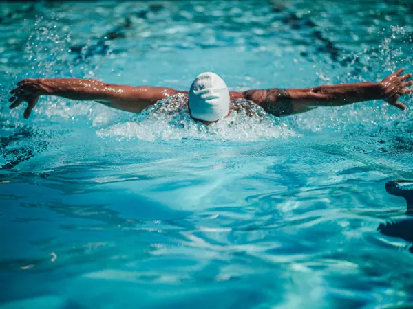 Nageur effectuant le papillon dans une piscine.