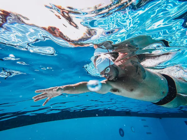 Underwater view of a swimmer holding a stable freestyle position.